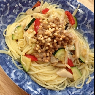 夏野菜と納豆の和風パスタ